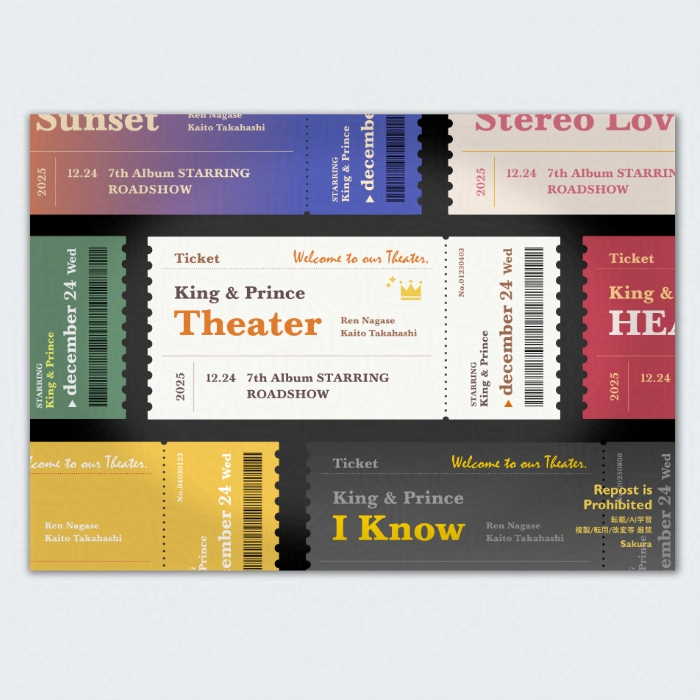 King & Princeの「STARRING」収録曲をイメージしたチケット風の画像たち。チケットのデザインは文字メインのシンプルなもの。