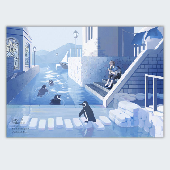 町中にいるペンギンたちが川を泳いで海に出ようとしている。その様子を青年が見守っているイラスト。泳いでいけるペンギンと、その町から動けない青年の対比。