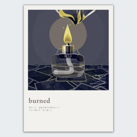 写真をアルコールランプで燃やそうとしているイラスト。自作の短歌をテーマにして描いた作品。短歌は「重なった記憶は風では飛ばなくてひとつ残らず灰に還した」。