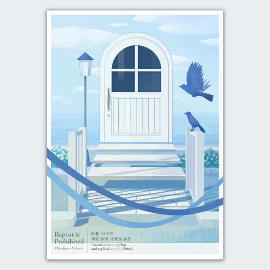 海があり、手前は草花が生い茂る陸地。空は晴れている。そこに白いドアがに浮かんでいる。ドアは閉じられている。ドアには透かし窓があるがその中は真っ暗。ドアの向こうになにがあるのかは見えない。